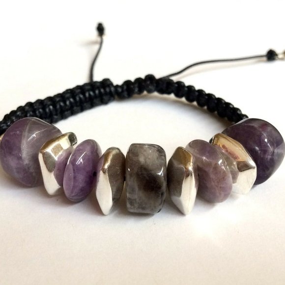 Silver Amethyst Stone Rope Bracelet Purple 6-9" - Picture 3 of 11